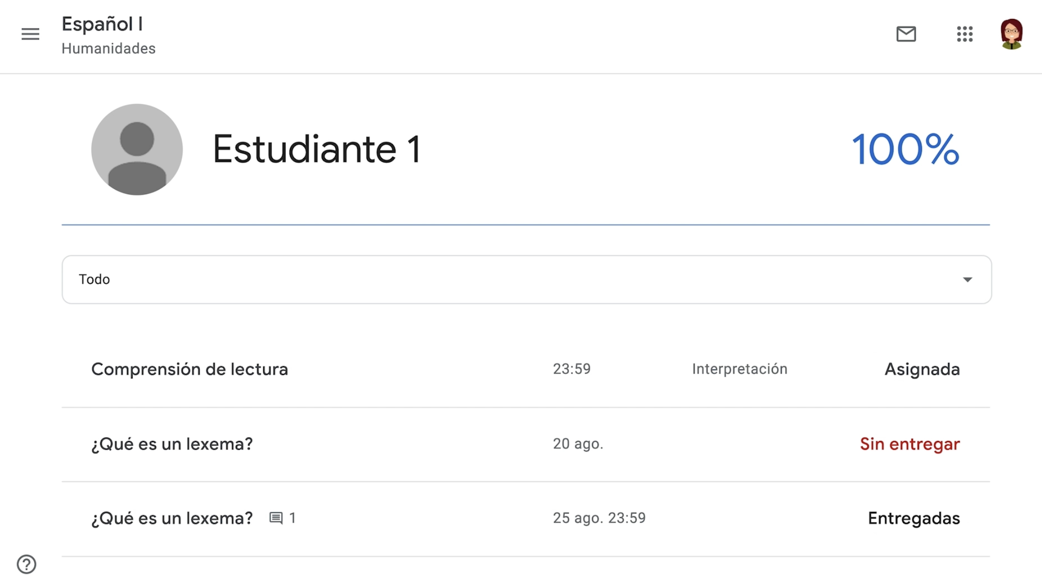 Ventana de historial de asignaciones sobre estudiante en Google Classroom.